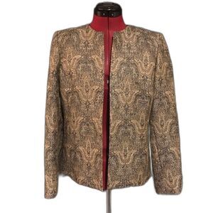 Kasper Blazer Women Size 2P Brown Metallic Tapestry Open Front Long Sleeve